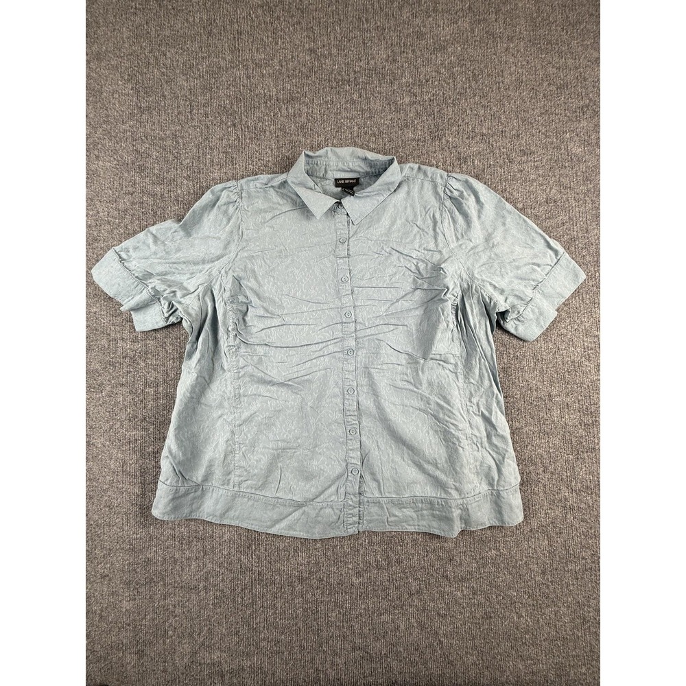 Lane Bryant Button Up Shirt Womens 26/28 Blue Collared Short‎ Puff Sleeve Floral